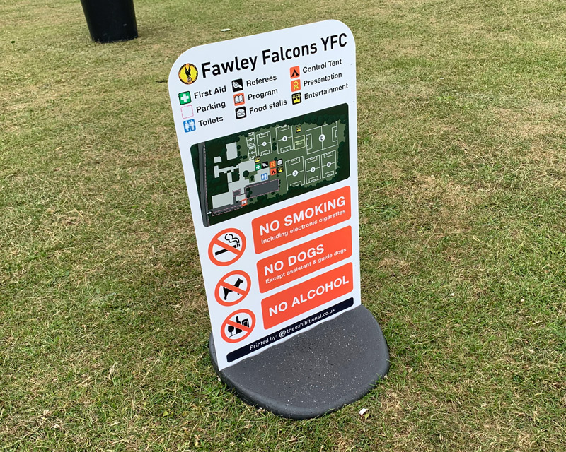 Pavement sign for the Fawley Falcons summer tournament